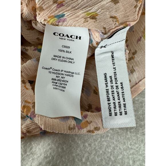 COACH Sz 4 Floral Ruffle Blouse 100% Silk Chiffon Peachy Button Top Semi-Sheer - Picture 9 of 10